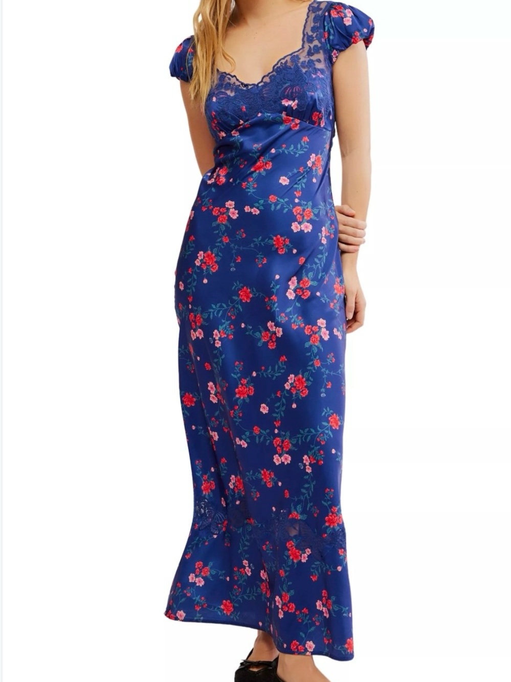 Free People Navy Blue Floral Lace-Trim Maxi Dress